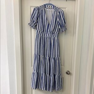 Boden Anna Linen Tiered Navy and White Striped Dress
